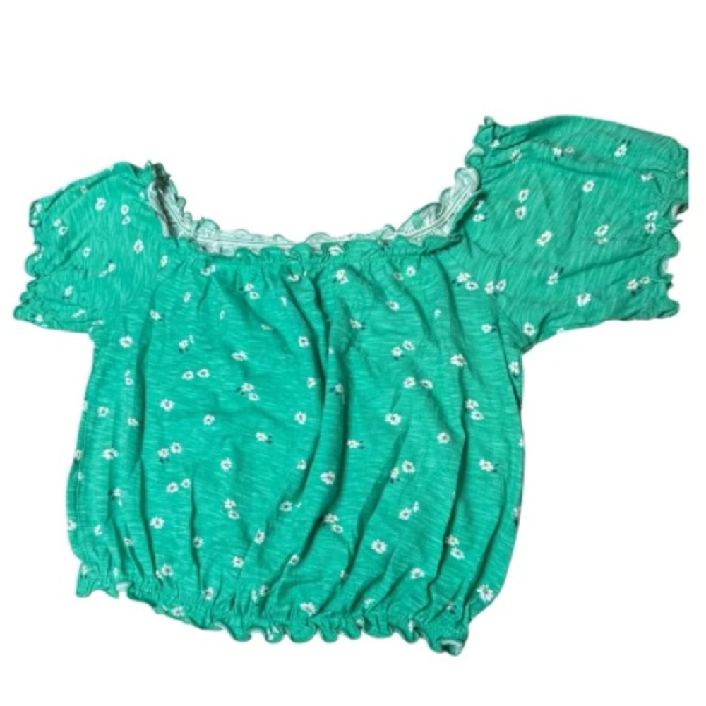 Arizona Jean Co. Green Floral print Top Cropped of the shoulder size:L 100%Cott